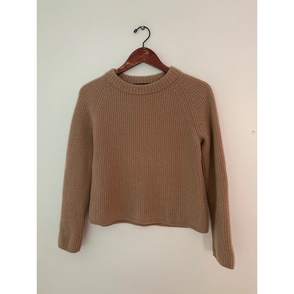 Quince Cashmere Sweater Women M Camel Fisherman Rib Knit Crewneck Raglan Cozy